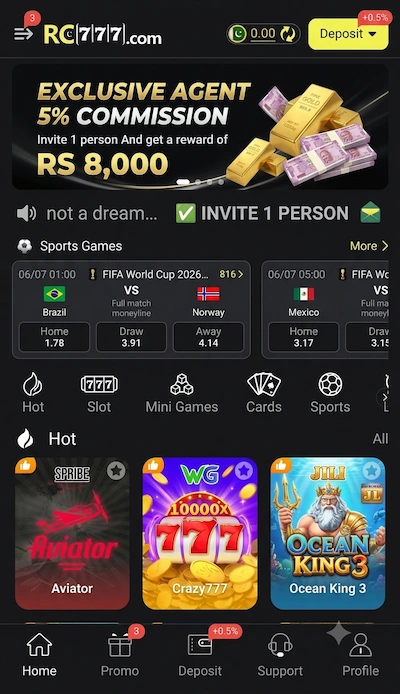 RC777 casino game dashboard with sports and slot games